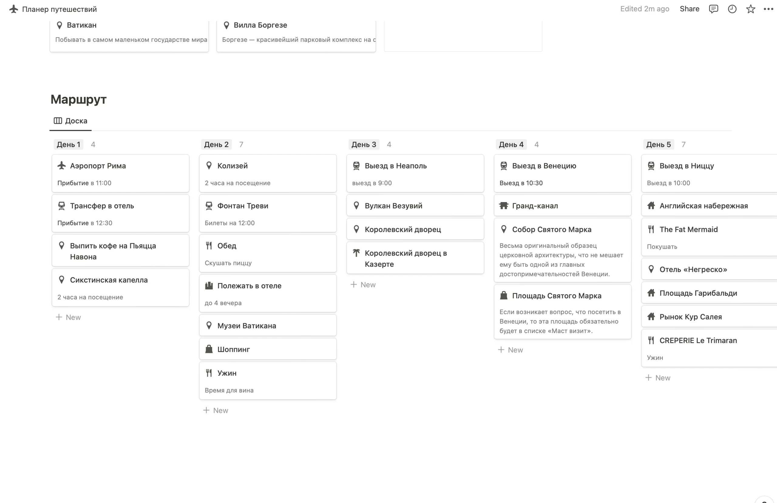 Шаблон планнера путешествий в Notion