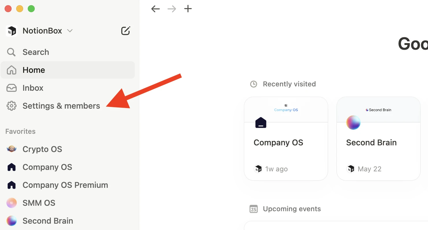 Нажмите на «Settings & members» в левой части экрана Notion.